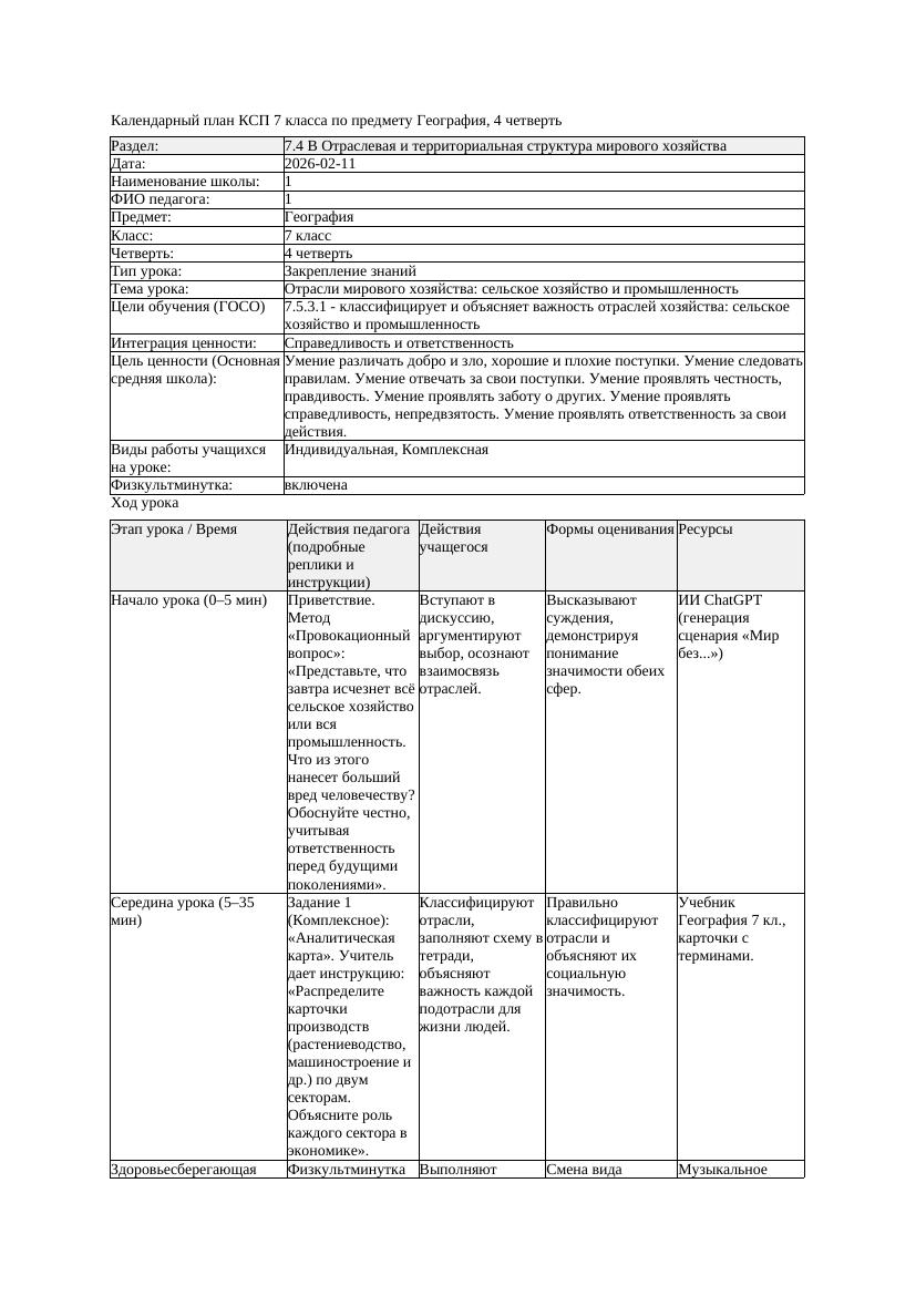 1КСП География 7класс 4четверть Отрасли мирового хозяйства сельское