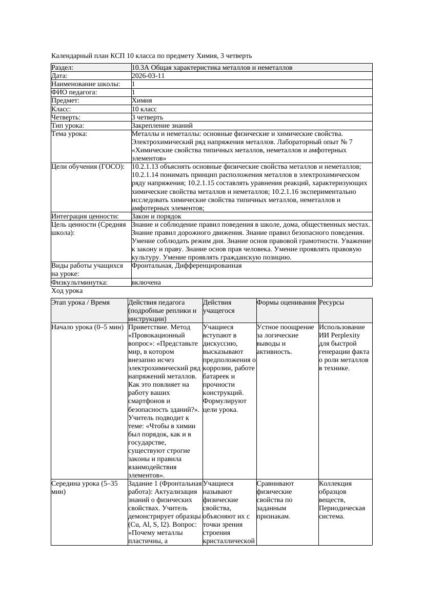 1КСП Химия 10класс 3 четверть Металлы и неметаллы основные физические
