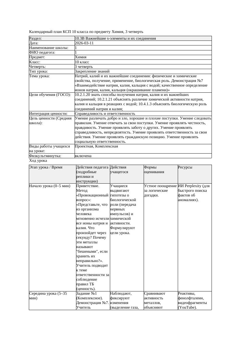 1КСП Химия 10класс 3 четверть Натрий калий и их важнейшие соединения