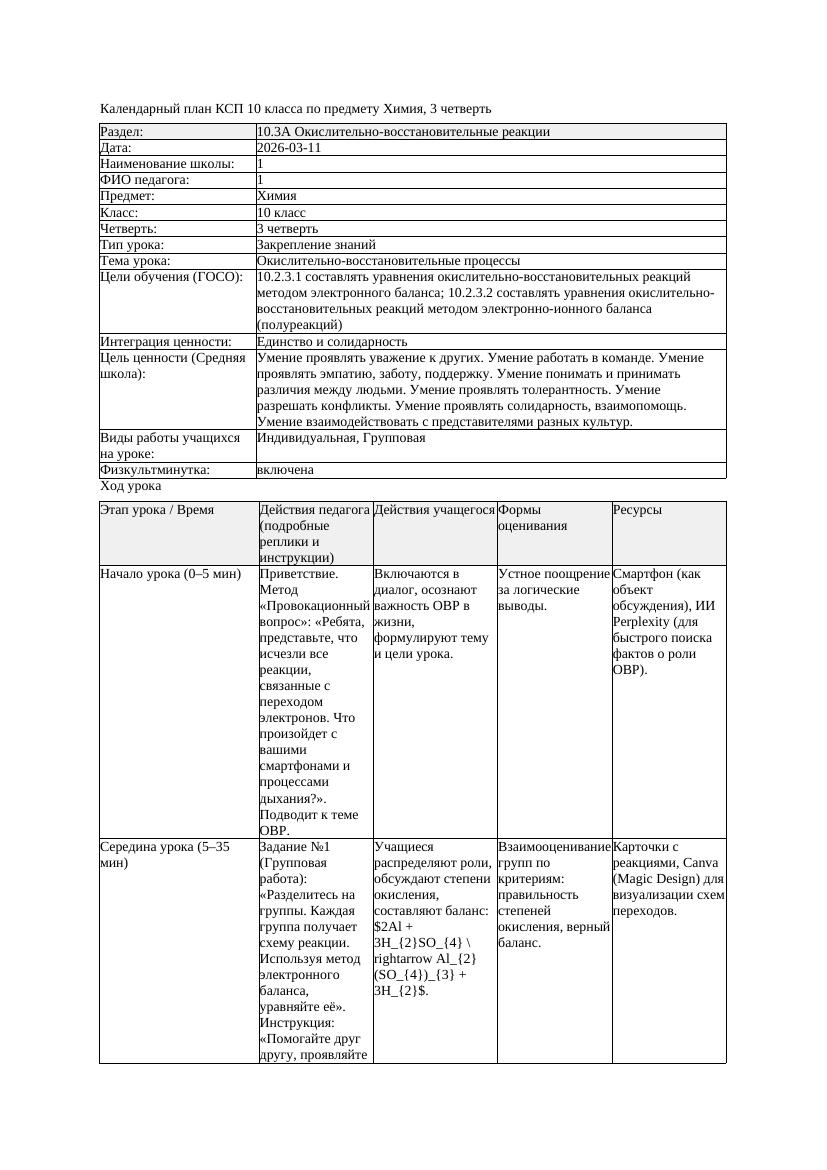 1КСП Химия 10класс 3 четверть Окислительно восстановительные процессы