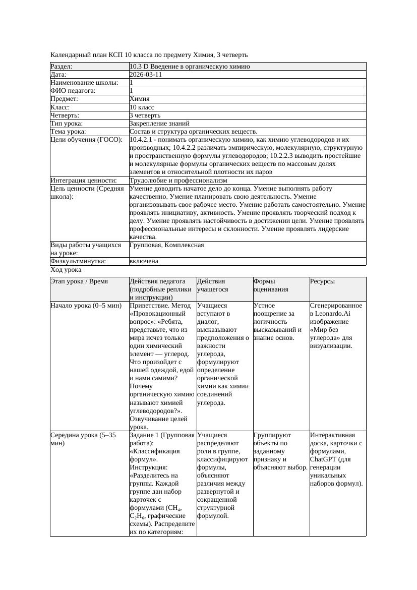 1КСП Химия 10класс 3 четверть Состав и структура органических веществ