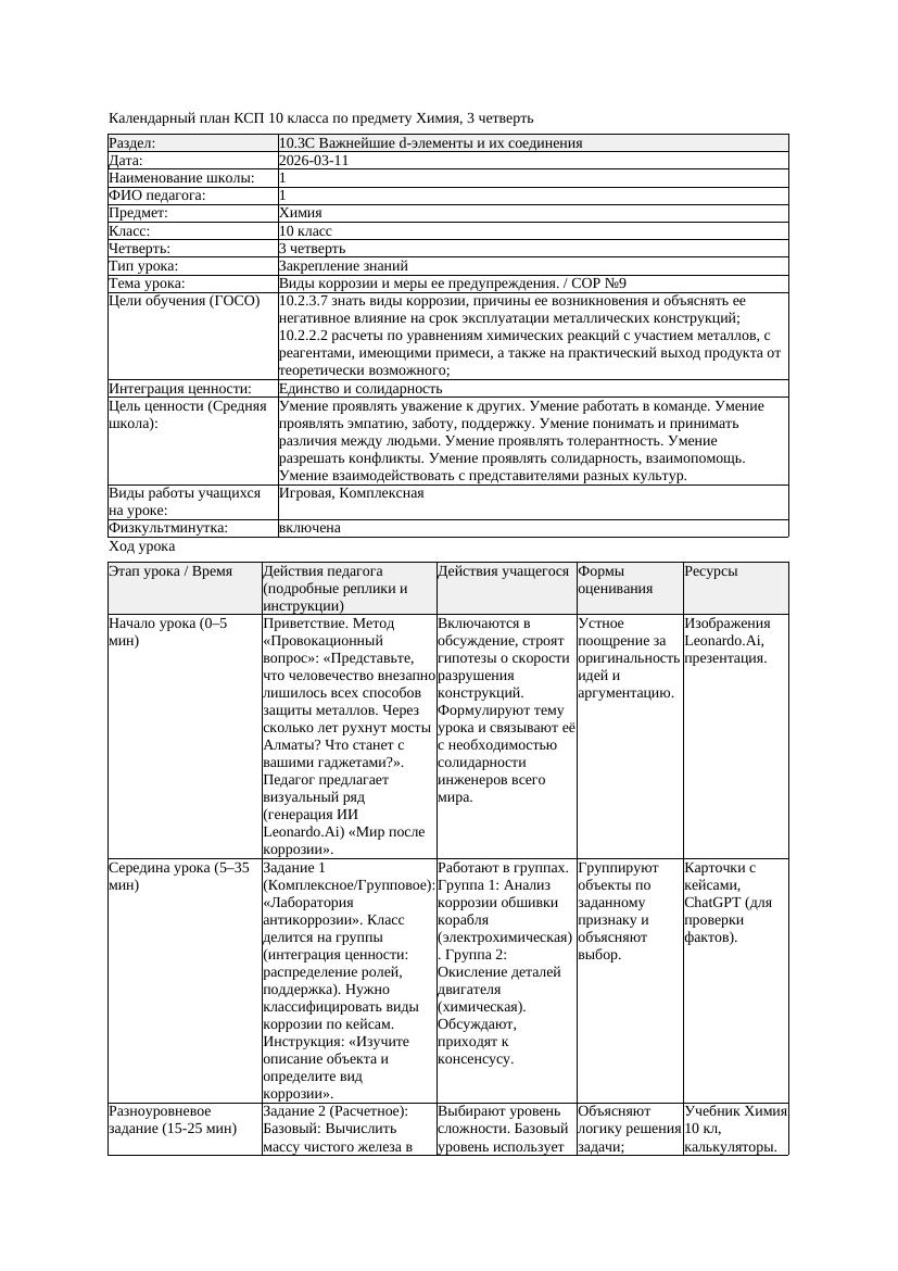 1КСП Химия 10класс 3 четверть Виды коррозии и меры ее предупреждения