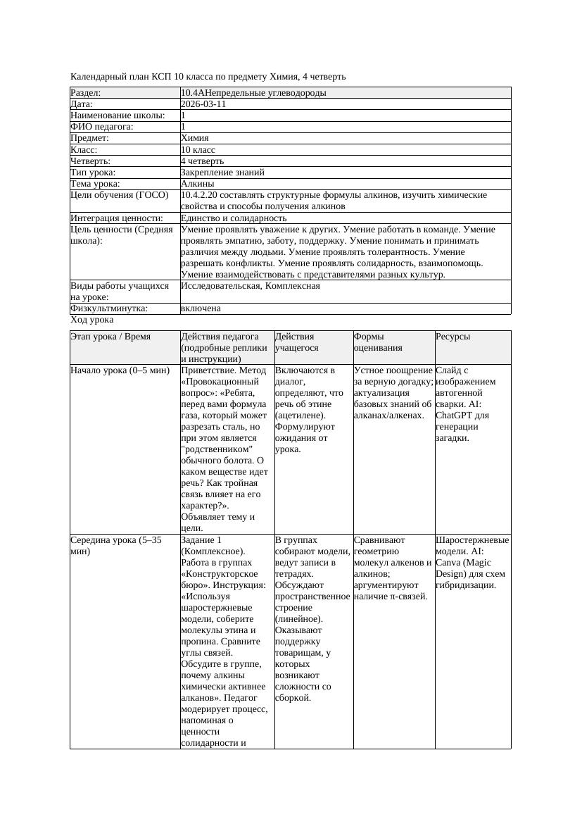 1КСП Химия 10класс 4 четверть Алкины 20260311 docx
