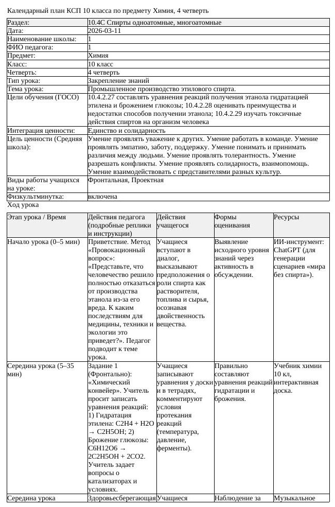 1КСП Химия 10класс 4 четверть Промышленное производство этилового
