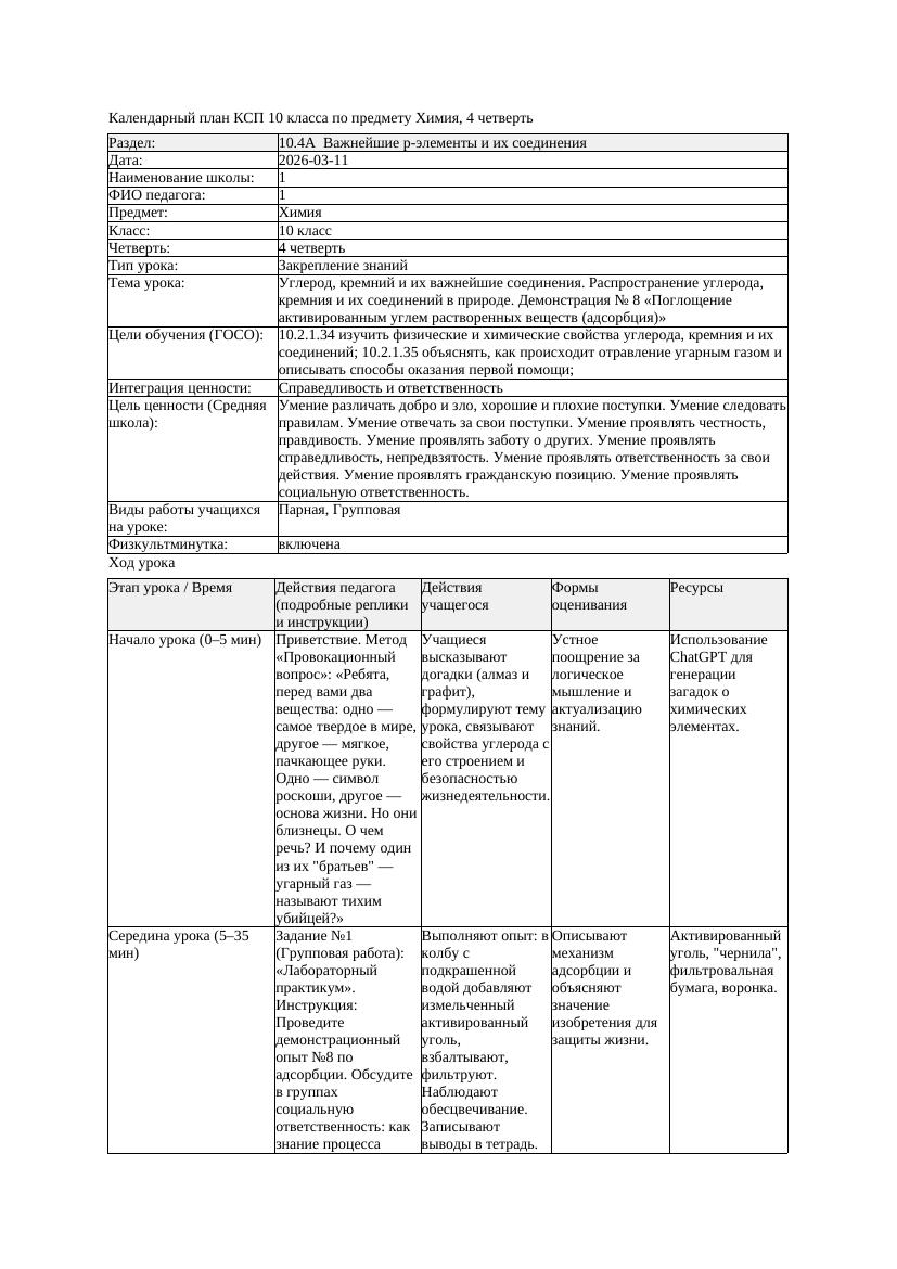 1КСП Химия 10класс 4 четверть Углерод кремний и их важнейшие соединения