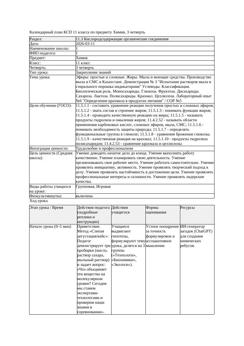 1КСП Химия 11класс 3 четверть Эфиры простые и сложные Жиры Мыла