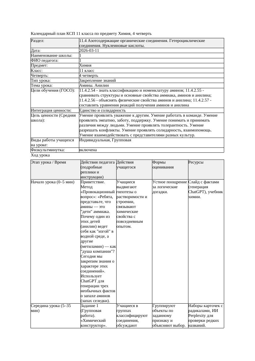 1КСП Химия 11класс 4 четверть Амины Анилин 20260311 docx