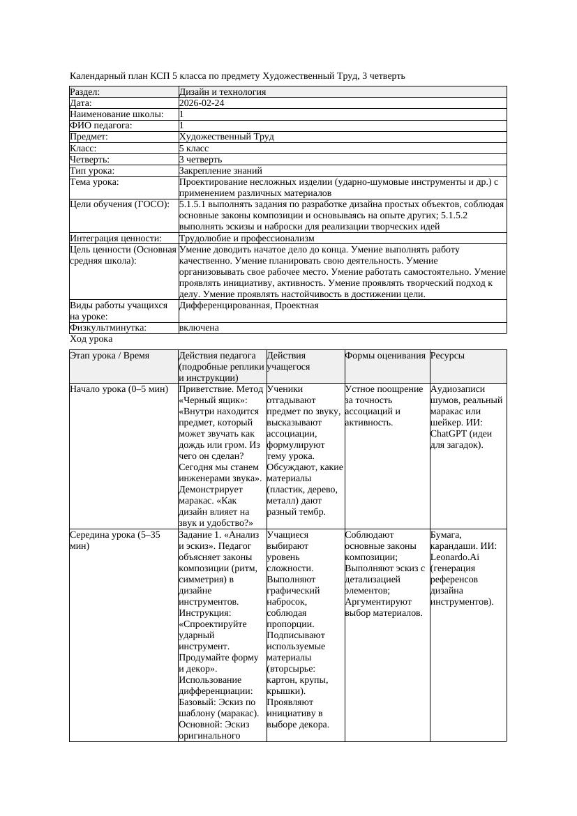 1КСП Художественный Труд 5класс 3 четверть Проектирование несложных