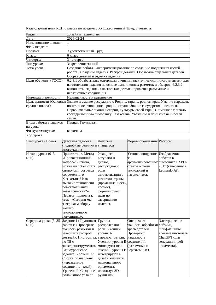 1КСП Художественный Труд 6класс 3 четверть Создание робота Экспериментирова