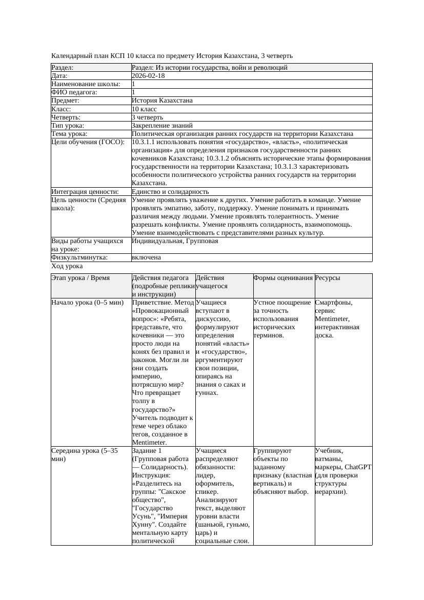 1КСП История Казахстана 10класс 3 четверть Политическая организация