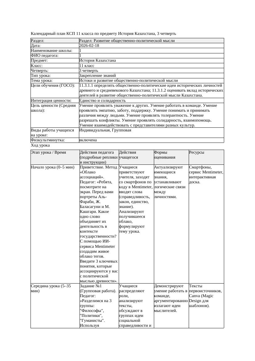 1КСП История Казахстана 11класс 3 четверть Истоки и развитие общественно
