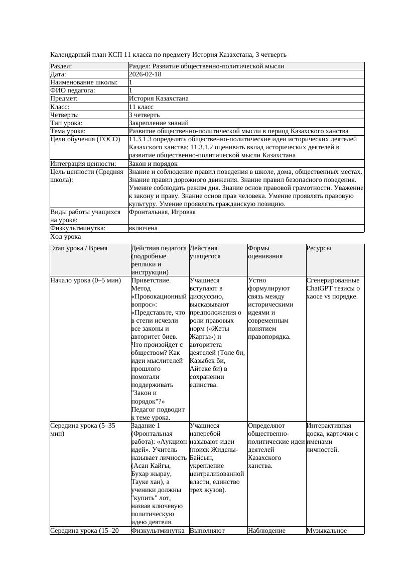 1КСП История Казахстана 11класс 3 четверть Развитие общественно