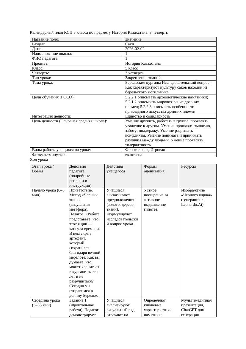 1КСП История Казахстана 5класс 3четверть Берельские курганы Исследовательск