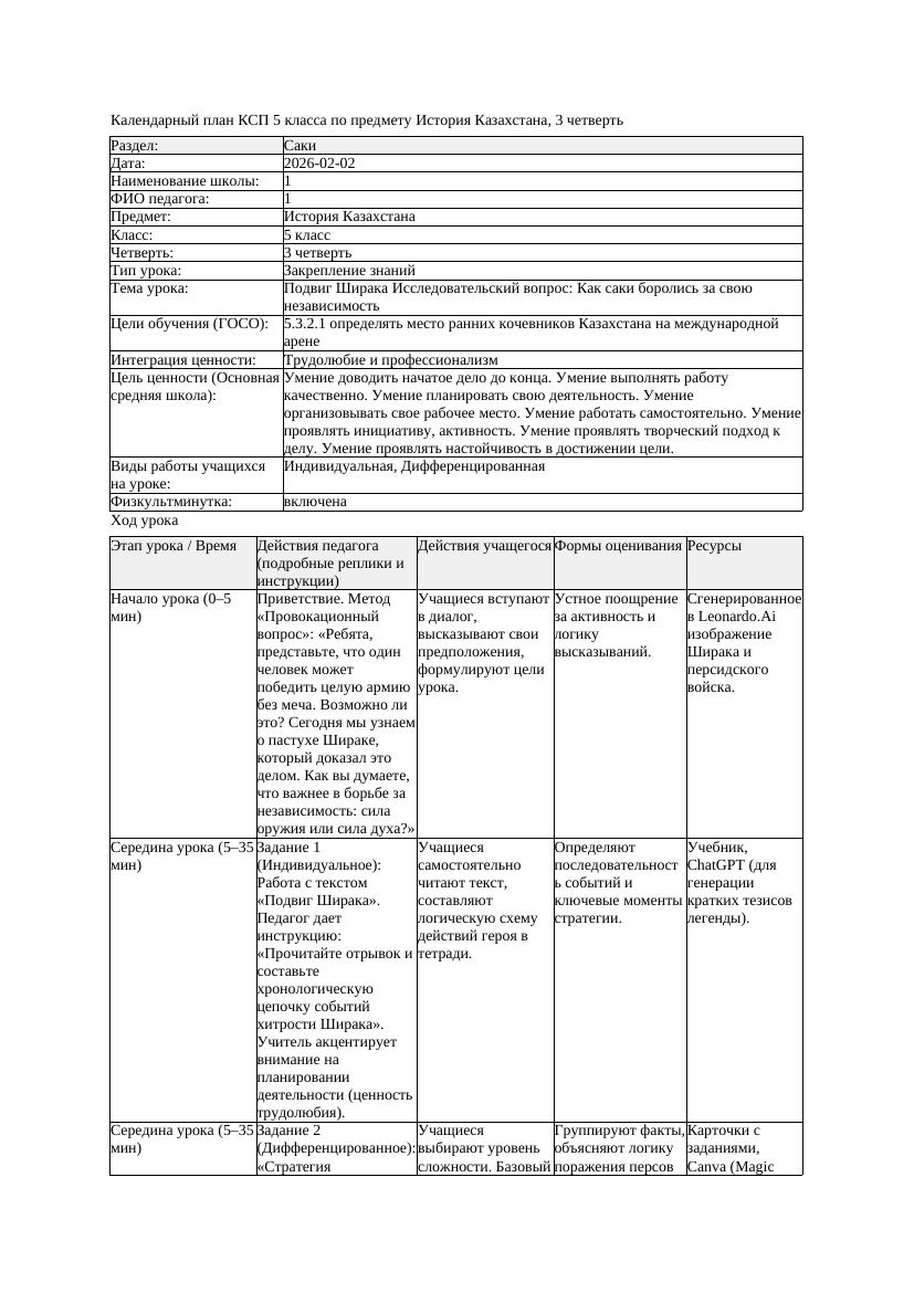 1КСП История Казахстана 5класс 3четверть Подвиг Ширака Исследовательский