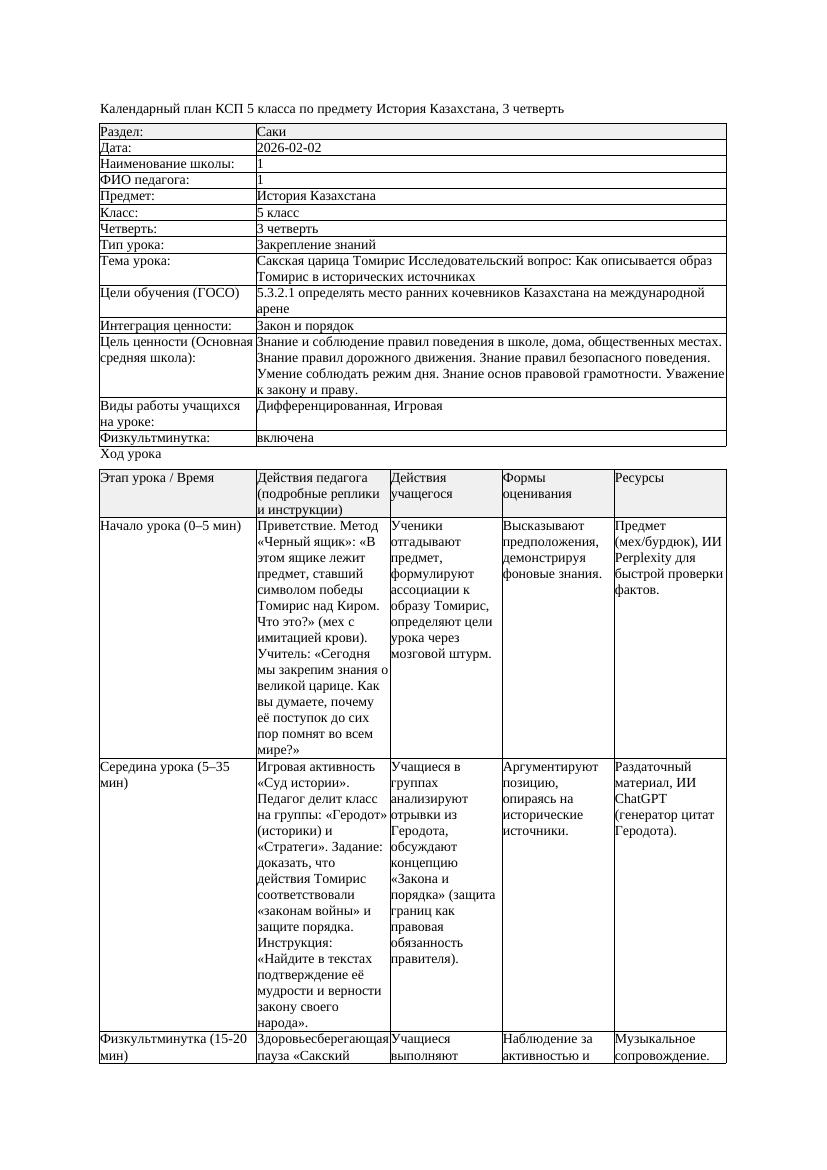 1КСП История Казахстана 5класс 3четверть Сакская царица Томирис