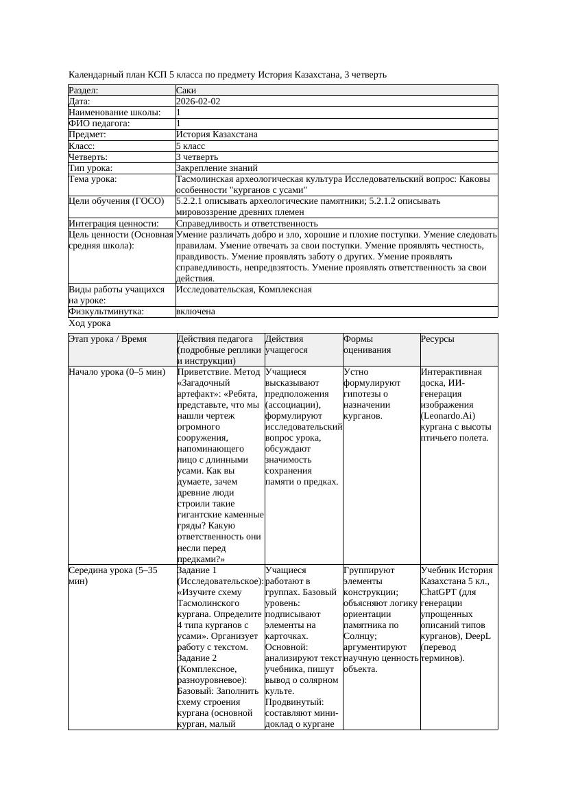 1КСП История Казахстана 5класс 3четверть Тасмолинская археологическая