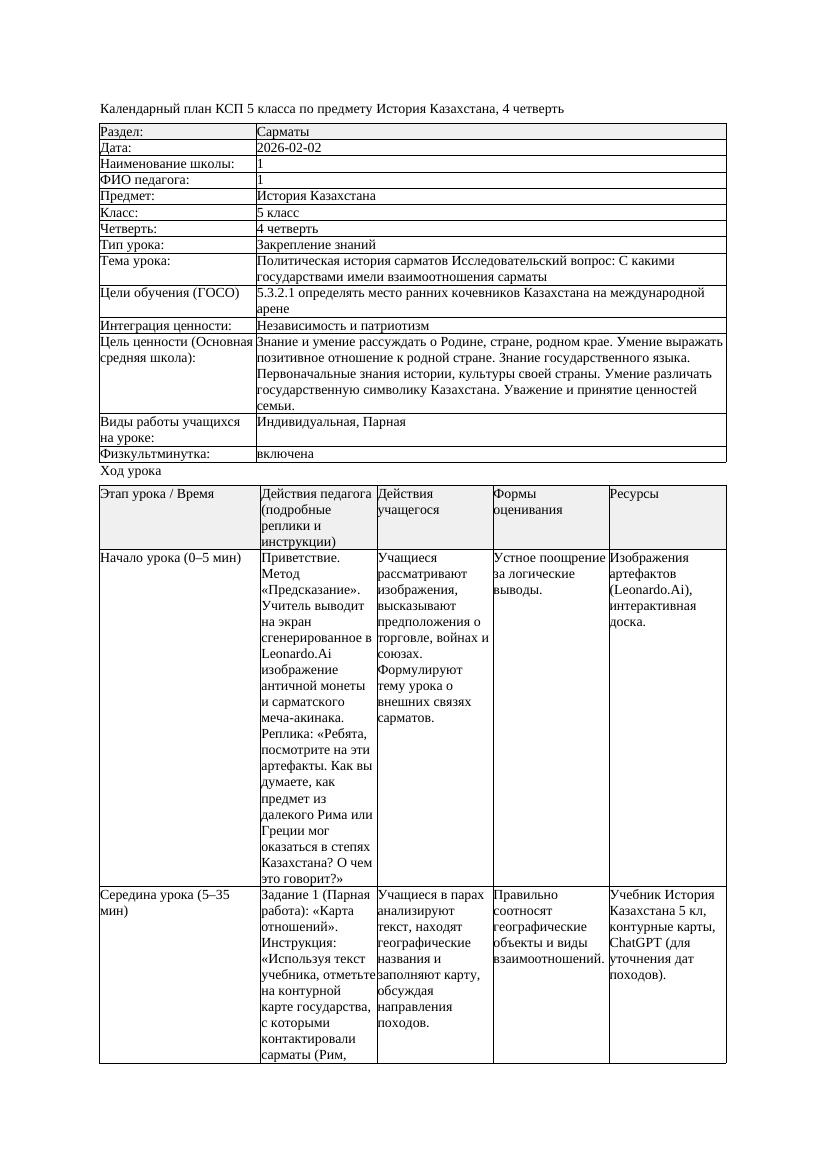 1КСП История Казахстана 5класс 4четверть Политическая история сарматов