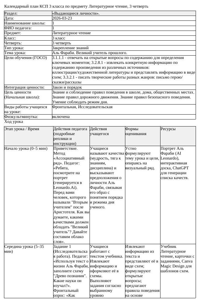 1КСП Литературное чтение 3класс 3 четверть Аль Фараби Великий учитель