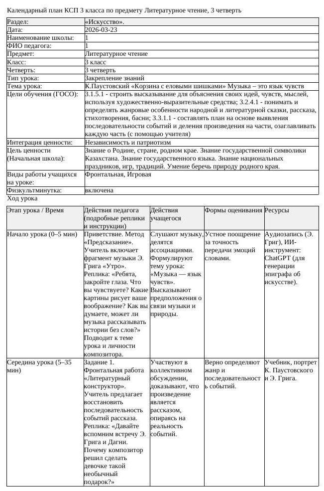 1КСП Литературное чтение 3класс 3 четверть К Паустовский Корзина