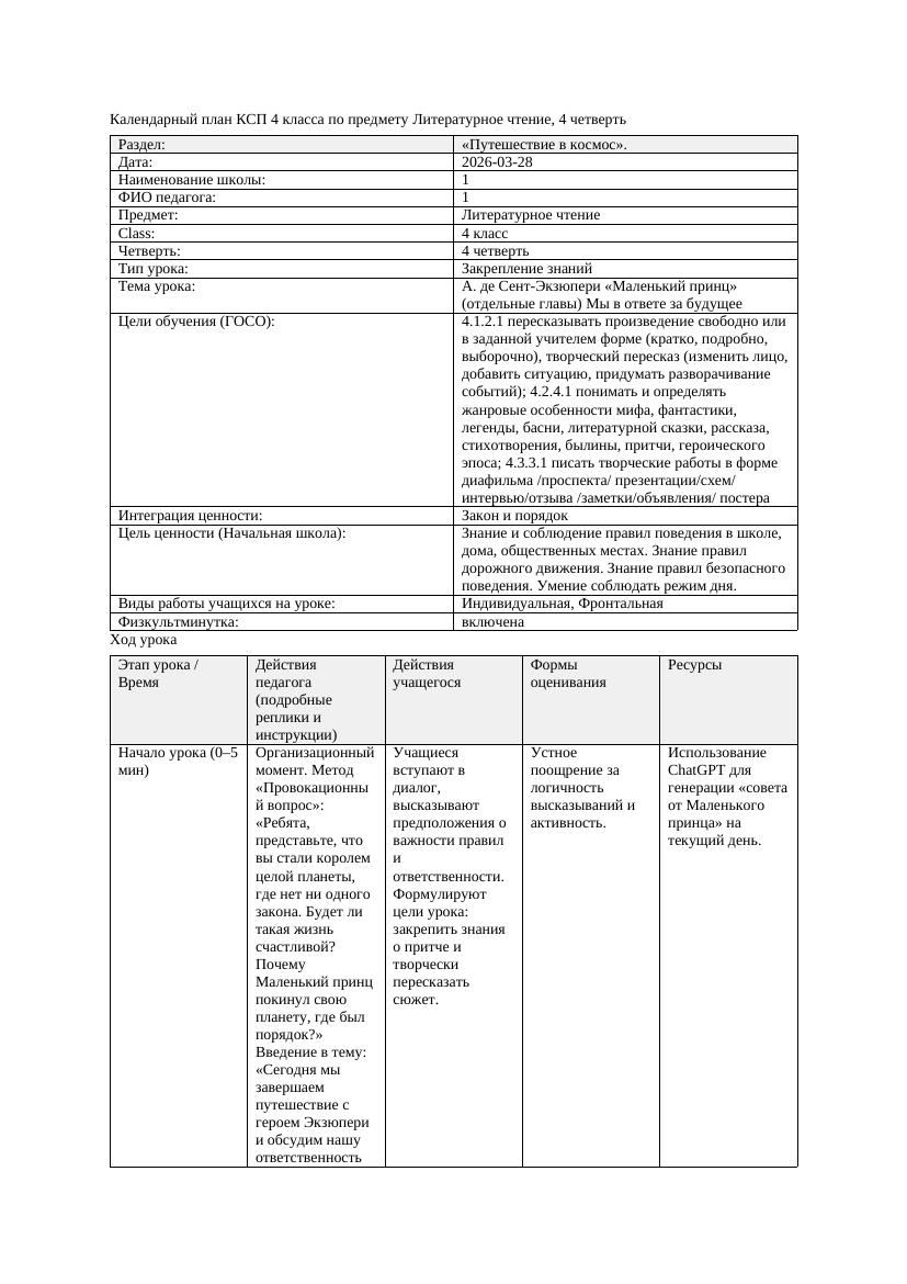 1КСП Литературное чтение 4класс 4 четверть А де Сент Экзюпери Маленький
