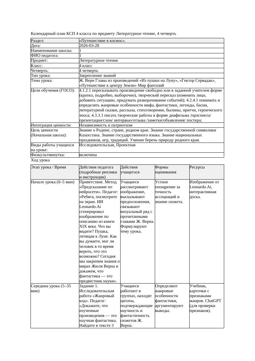 1КСП Литературное чтение 4класс 4 четверть Ж Верн Главы из произведений