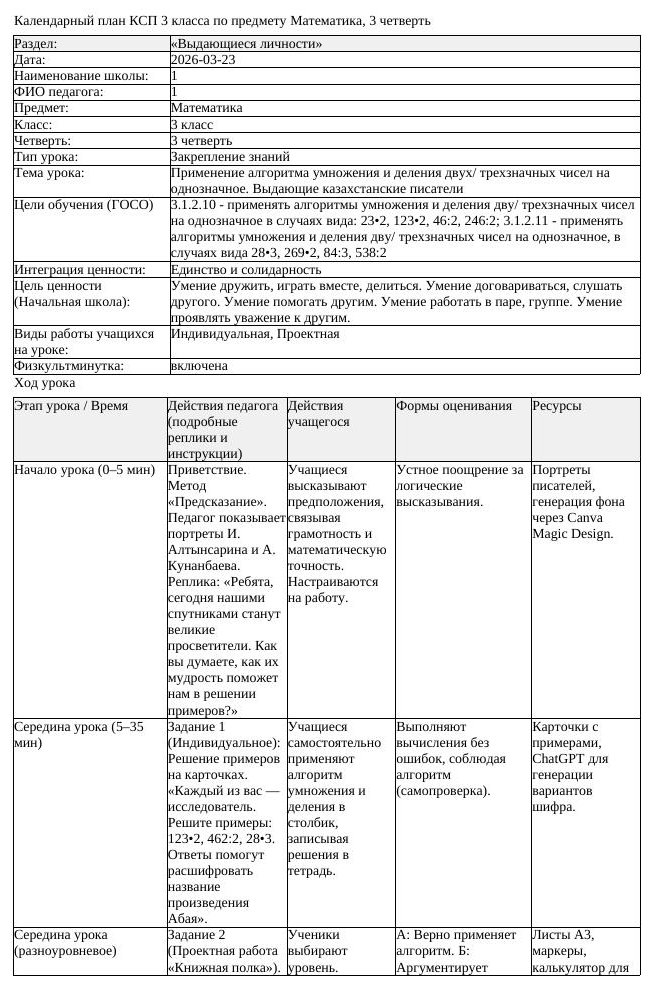 1КСП Математика 3класс 3 четверть Применение алгоритма умножения