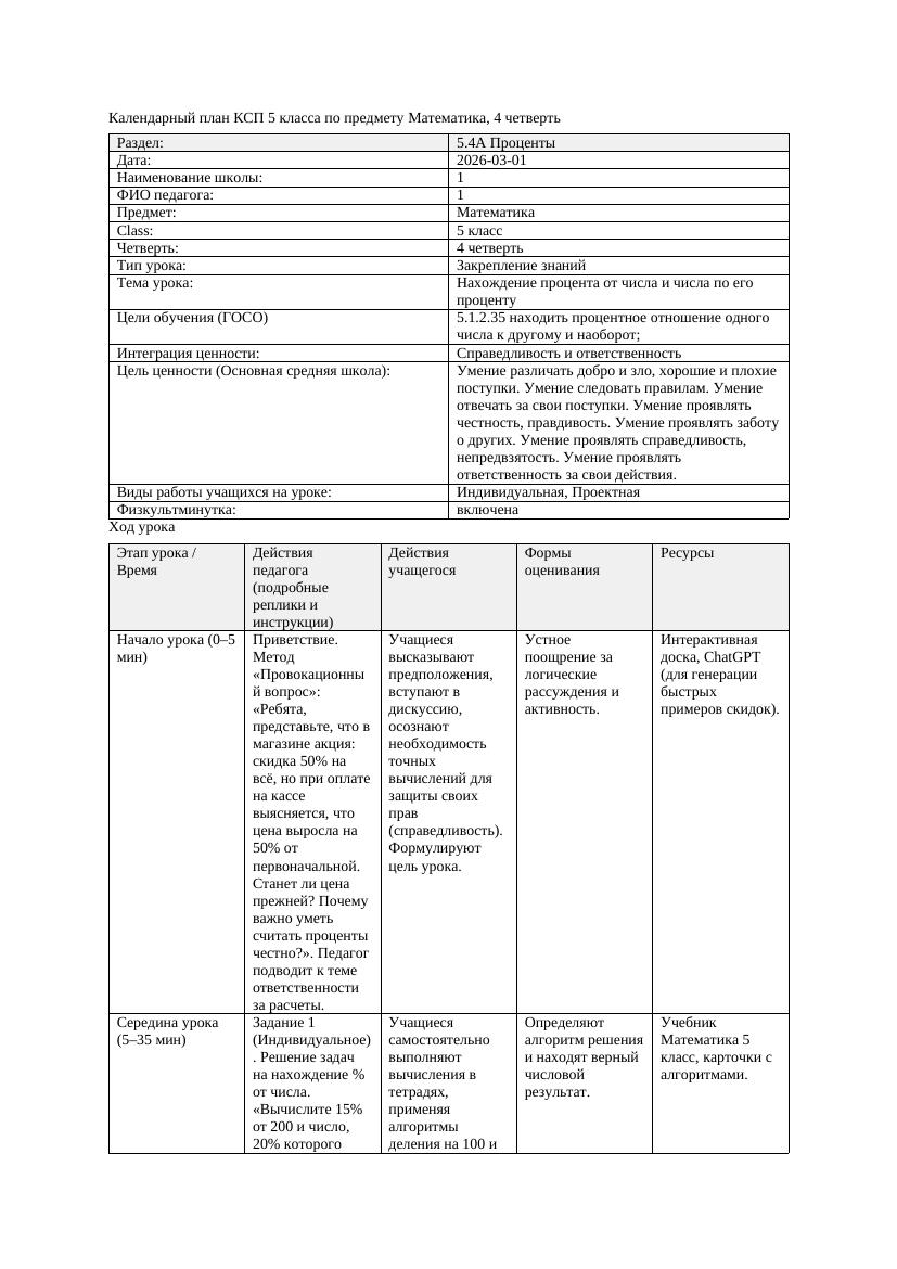 1КСП Математика 5класс 4 четверть Нахождение процента от числа и