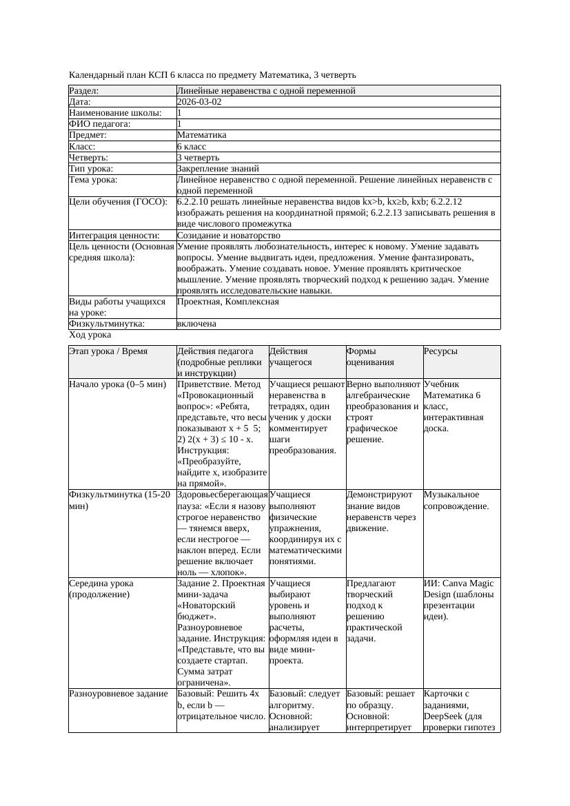 1КСП Математика 6класс 3 четверть Линейное неравенство с одной переменной