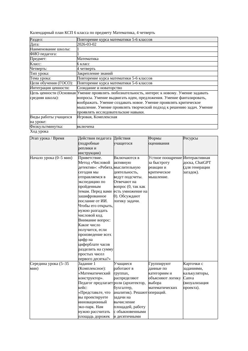 1КСП Математика 6класс 4 четверть Повторение курса математики 5