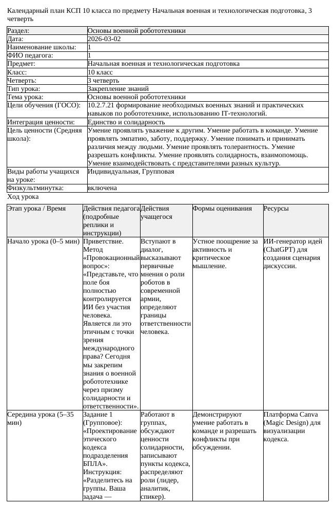 КСП Начальная военная и технологическая подготовка 10 класс 3 четверть (вариант 2)