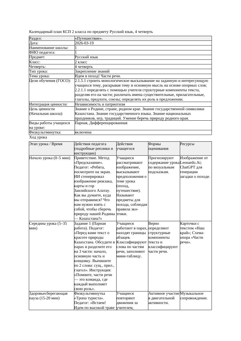 1КСП Русский язык 2класс 4 четверть Идем в поход Части речи 20260319