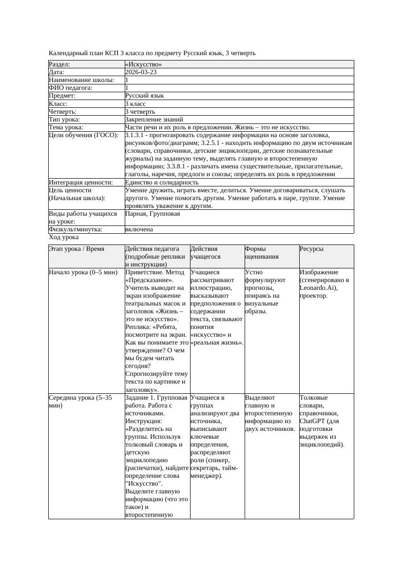 1КСП Русский язык 3класс 3 четверть Части речи и их роль в предложении