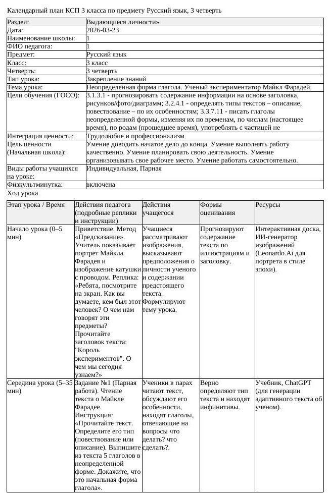 КСП Русский язык 3 класс 3 четверть Неопределенная форма глагола (урок 1)