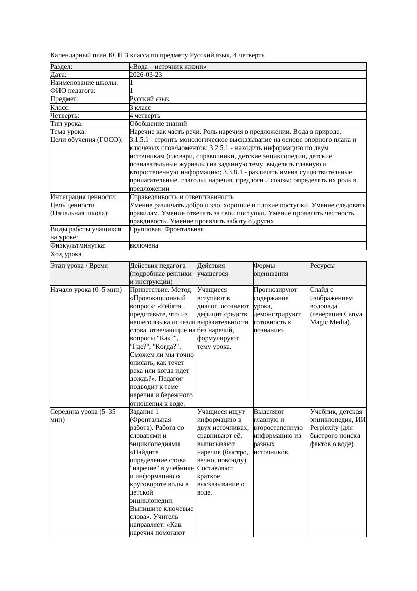 1КСП Русский язык 3класс 4 четверть Наречие как часть речи Роль