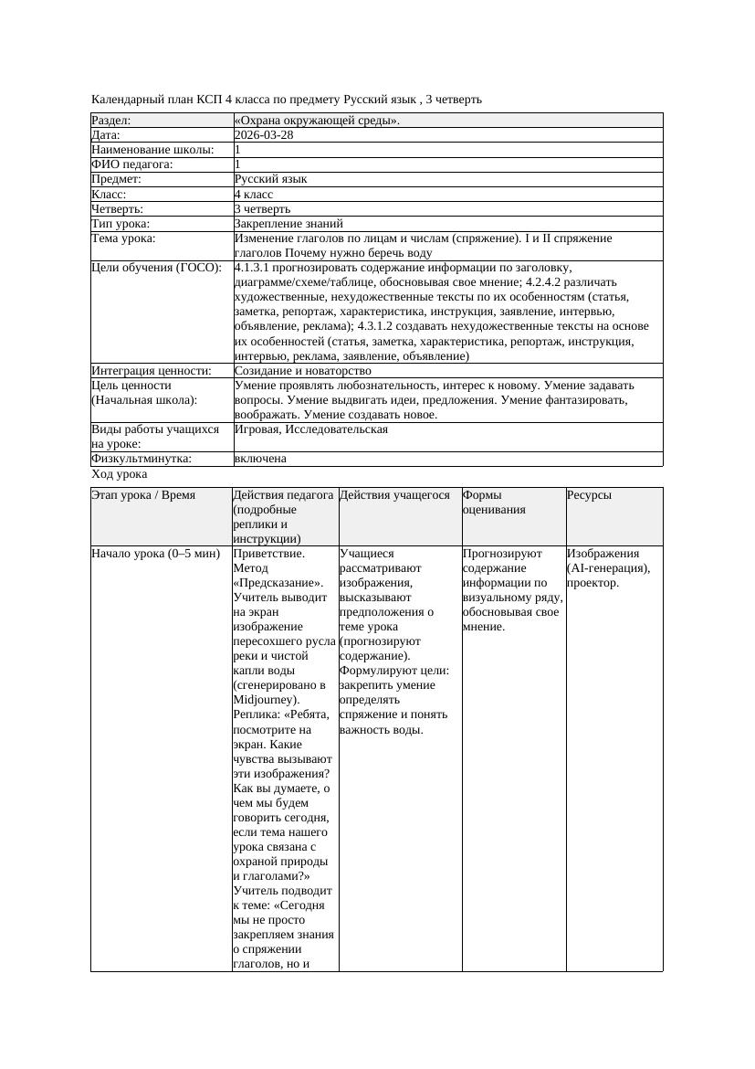 1КСП Русский язык 4класс 3 четверть Изменение глаголов по лицам