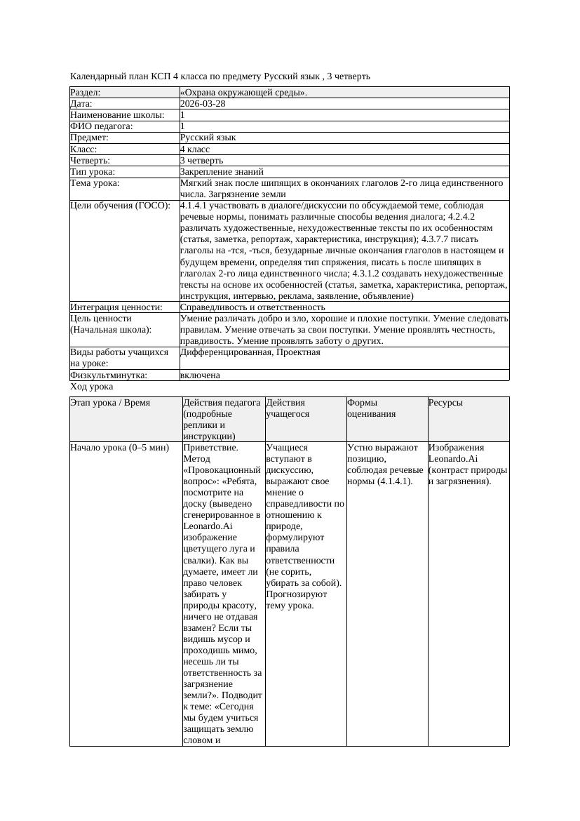 1КСП Русский язык 4класс 3 четверть Мягкий знак после шипящих в