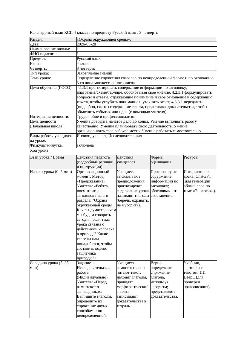 1КСП Русский язык 4класс 3 четверть Определение спряжения глаголов