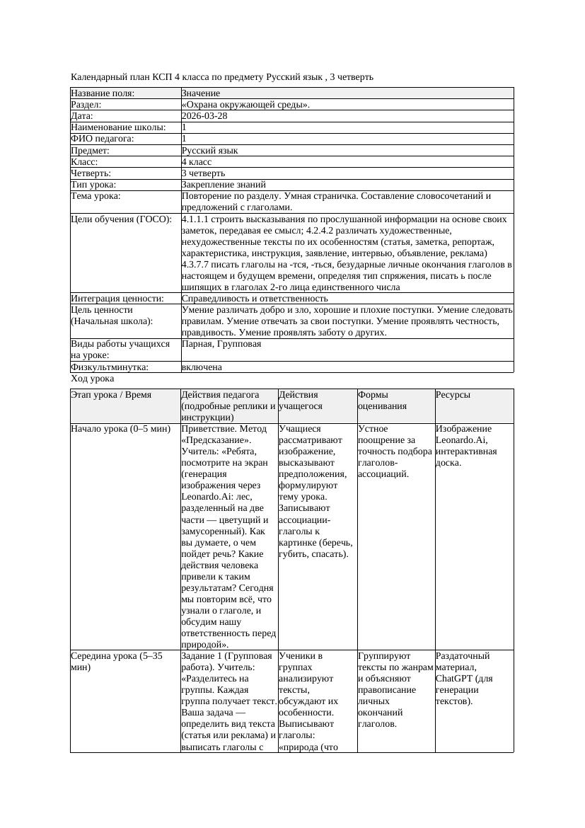 1КСП Русский язык 4класс 3 четверть Повторение по разделу Умная