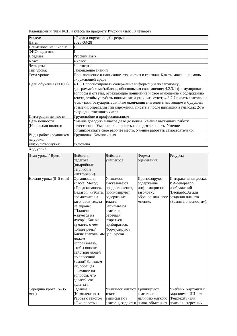 1КСП Русский язык 4класс 3 четверть Произношение и написание тся
