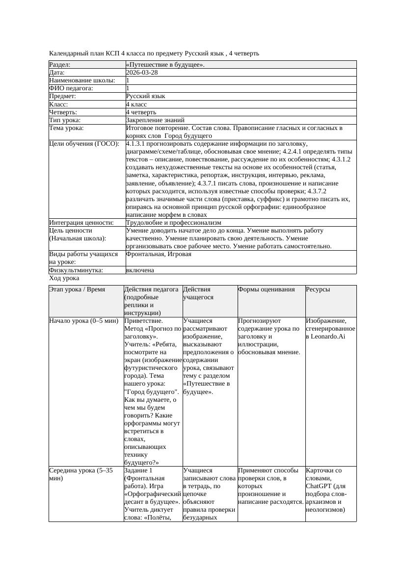 1КСП Русский язык 4класс 4 четверть Итоговое повторение Состав слова