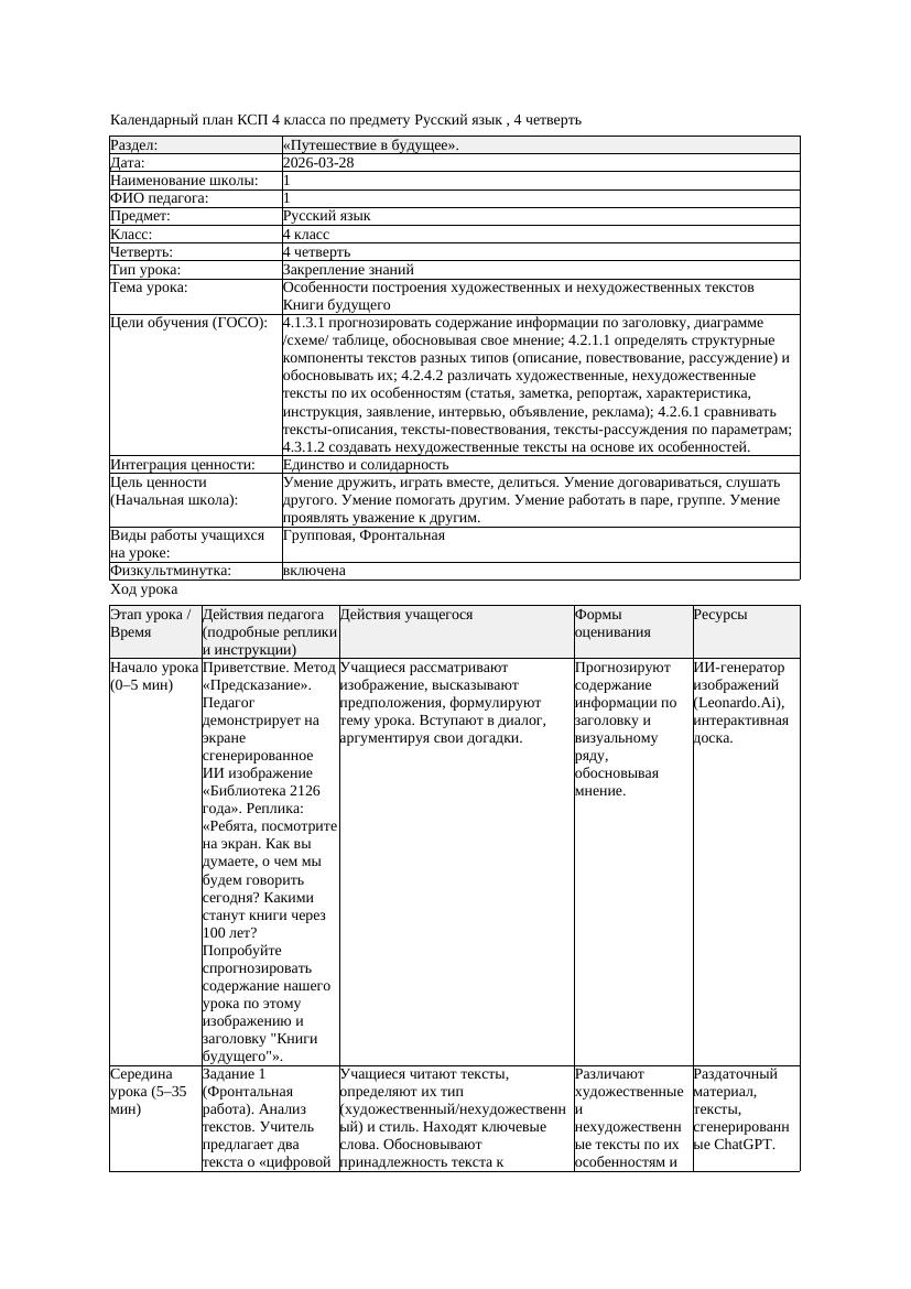 1КСП Русский язык 4класс 4 четверть Особенности построения художественных