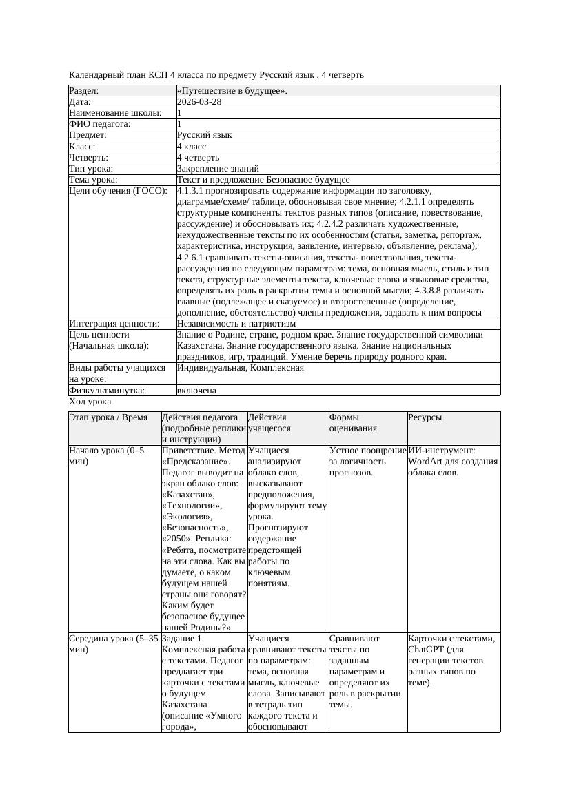 1КСП Русский язык 4класс 4 четверть Текст и предложение Безопасное