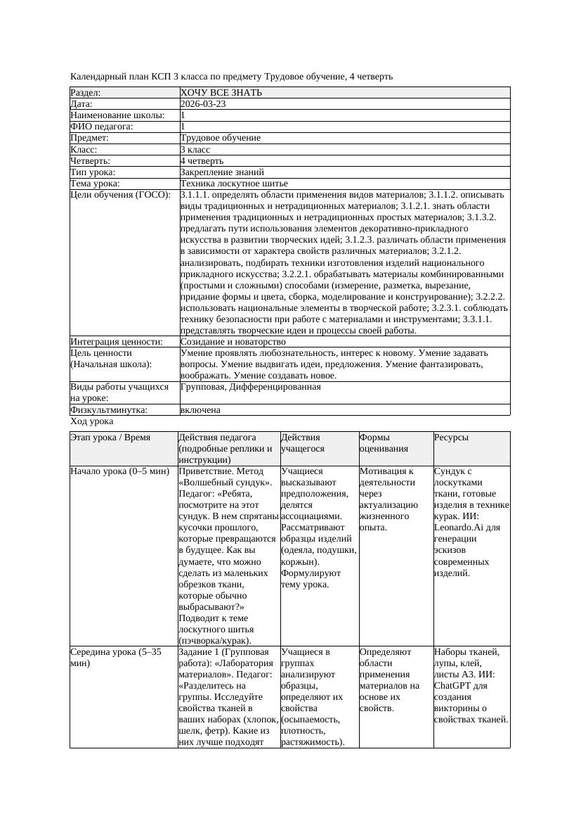 1КСП Трудовое обучение 3класс 4 четверть Техника лоскутное шитье
