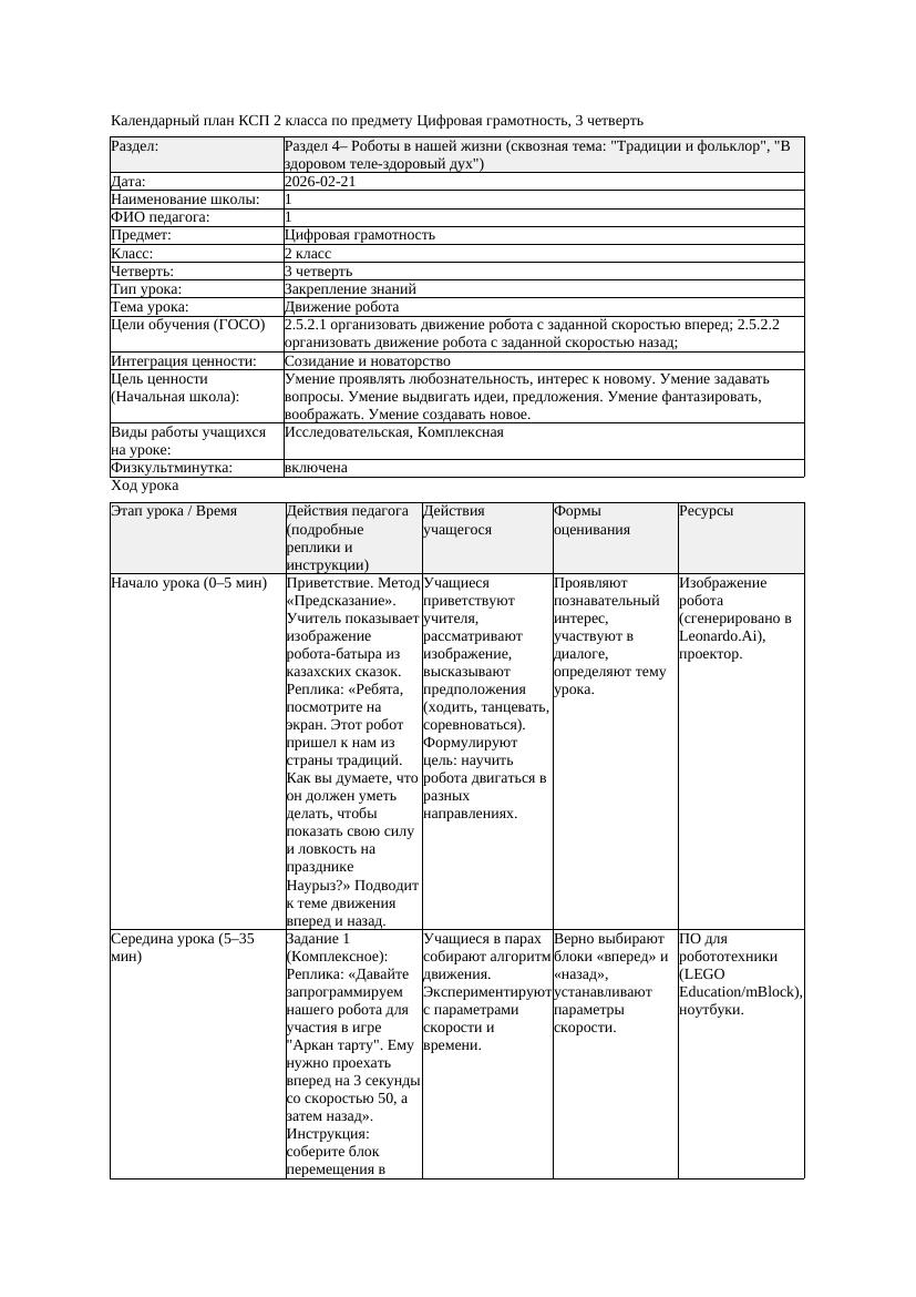 1КСП Цифровая грамотность 2класс 3 четверть Движение робота 20260221