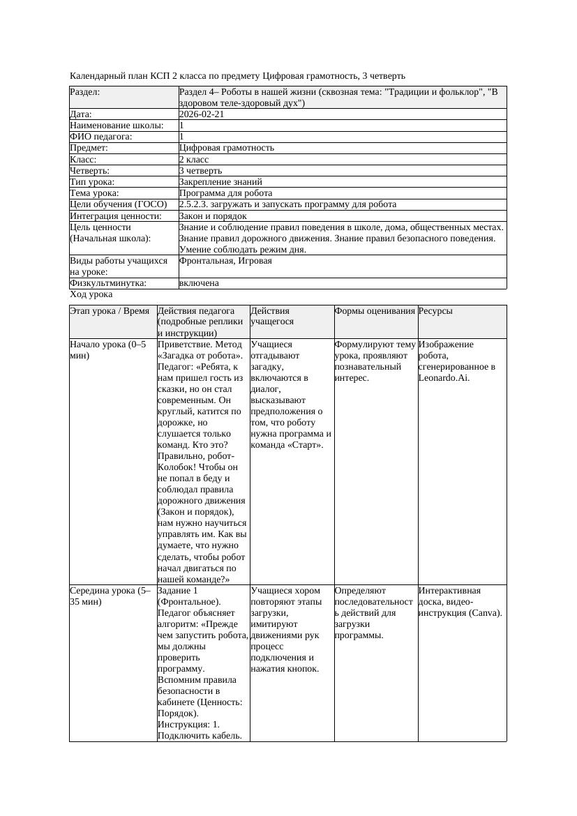 1КСП Цифровая грамотность 2класс 3 четверть Программа для робота