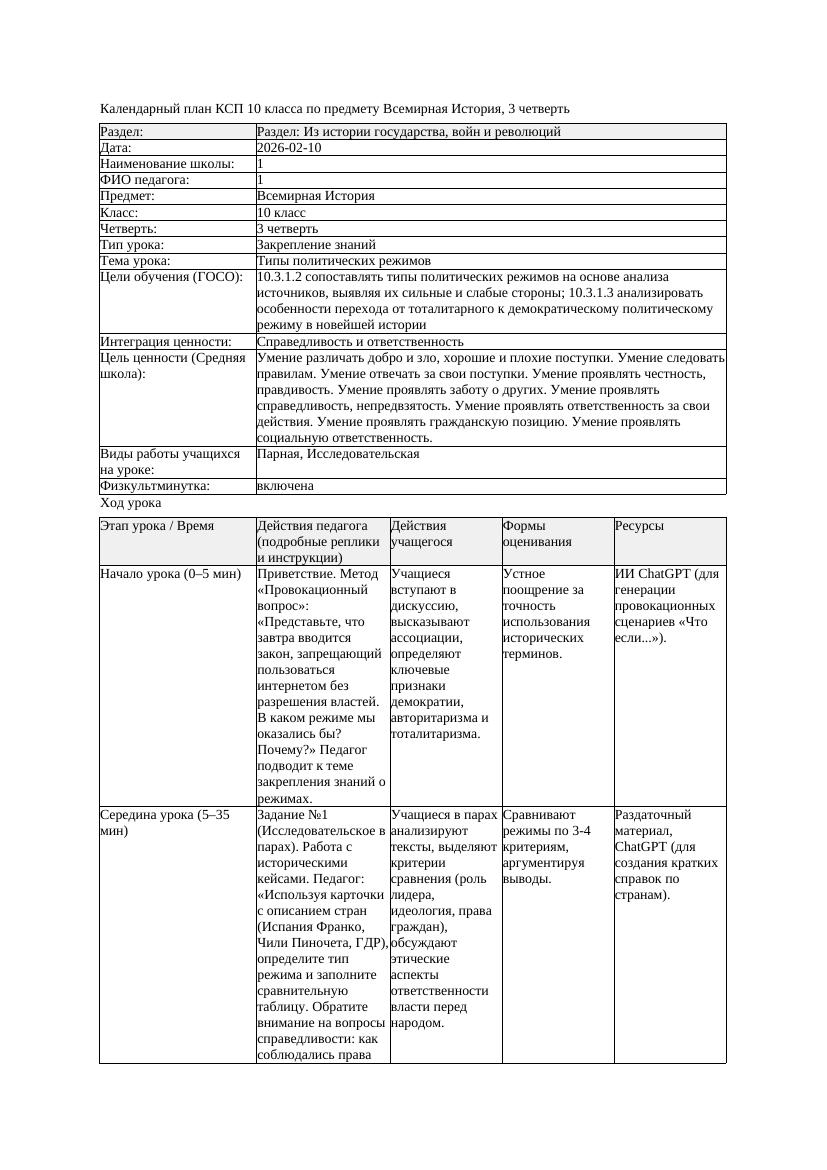 1КСП Всемирная История 10класс 3четверть Типы политических режимов