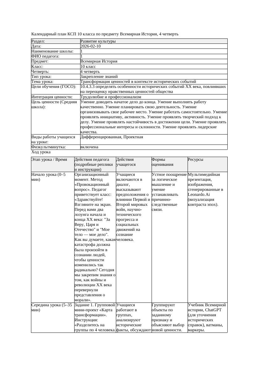 1КСП Всемирная История 10класс 4четверть Трансформация ценностей