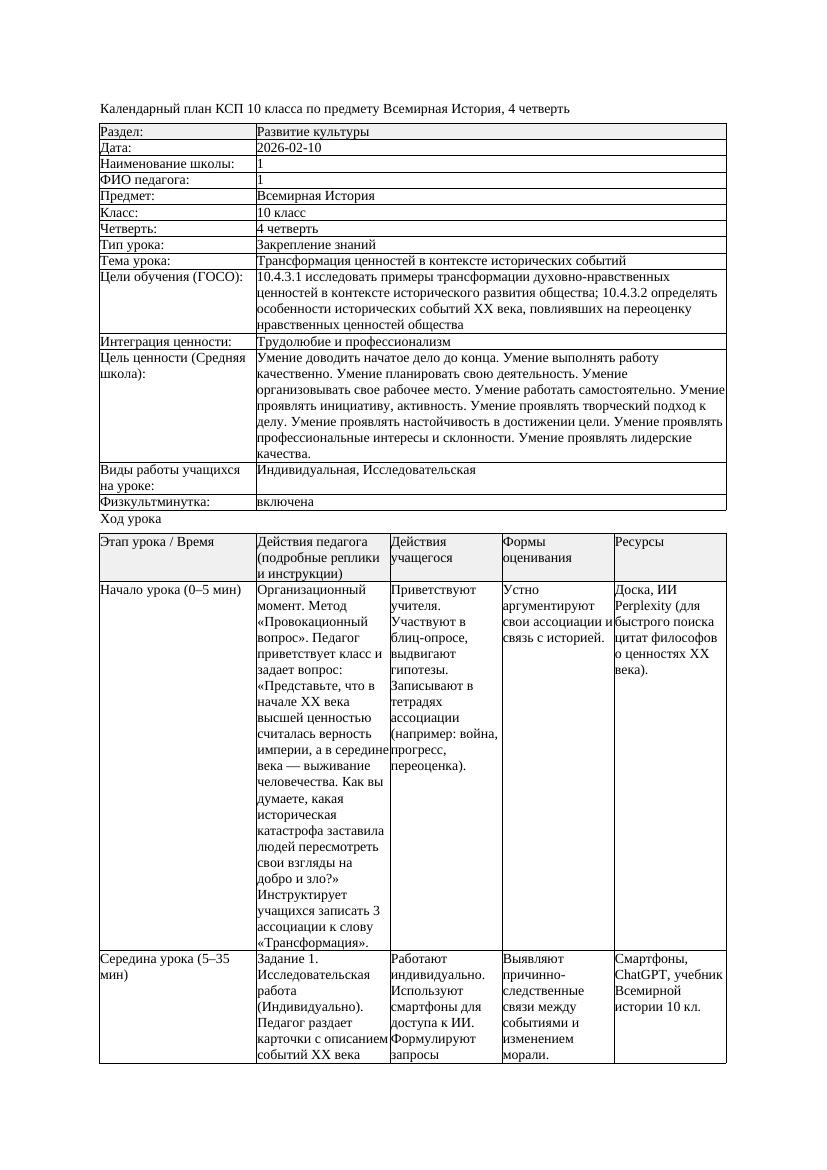 1КСП Всемирная История 10класс 4четверть Трансформация ценностей