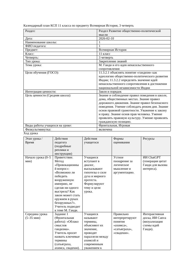 1КСП Всемирная История 11класс 3четверть М Ганди и его идея ненасильственно