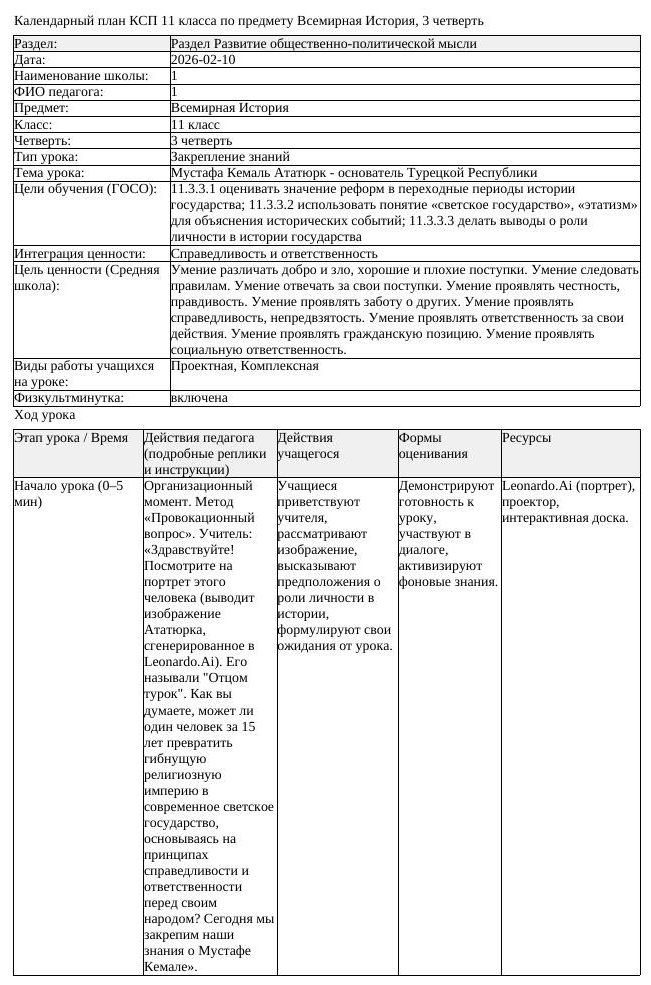 КСП Всемирная История 11 класс 3 четверть Мустафа Кемаль Ататюрк